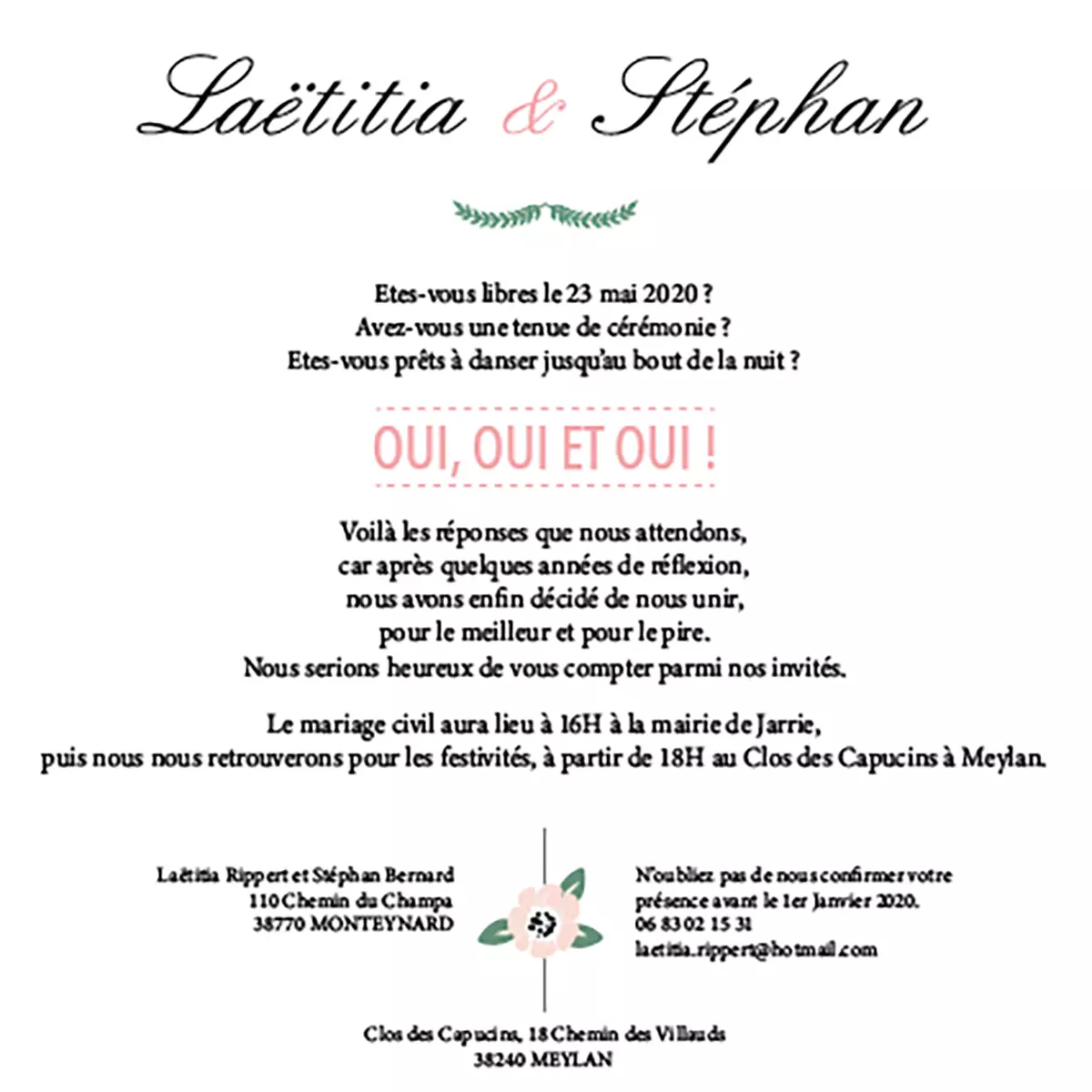 Recto de l'invitation de mariage